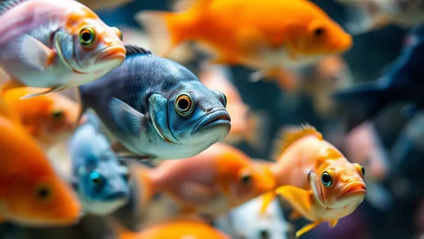 Aquário comunitário com cardumes de diferentes espécies de peixes ornamentais convivendo em harmonia entre plantas aquáticas