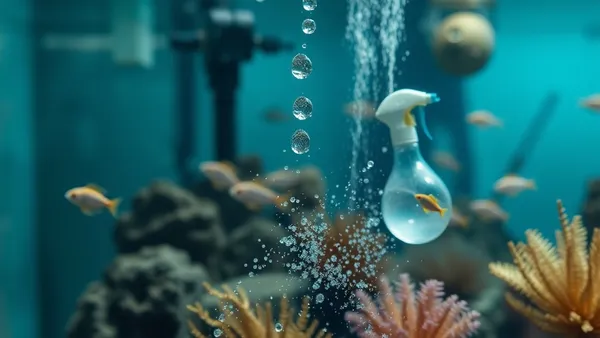 Aquário plantado de água doce iluminado com planta verde exuberante e peixes tropicais nadando, visto de frente