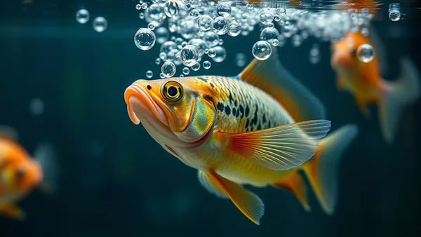 Peixe de aquário próximo à superfície da água entre bolhas de aeração