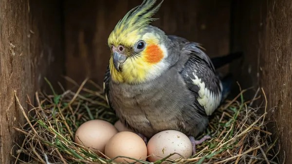 Calopsita fêmea empoleirada perto de um ovo dentro da gaiola