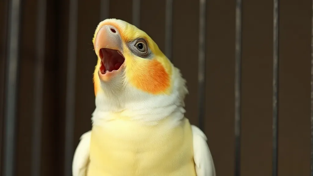 Calopsita cinza com topete amarelo e bochechas alaranjadas de bico aberto vocalizando em poleiro dentro de gaiola