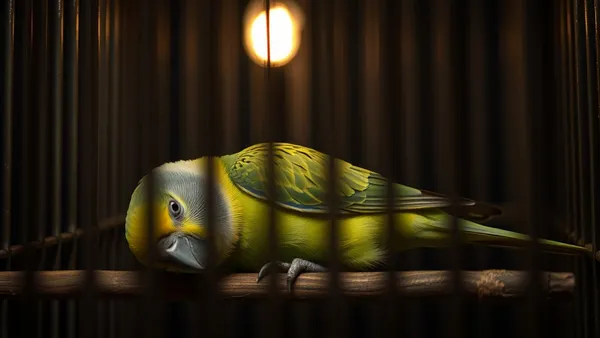Calopsita em poleiro dentro de gaiola parcialmente coberta por tecido escuro, em ambiente de pouca luz, representando o descanso noturno adequado