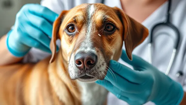 Cachorro de pelo escuro sendo examinado pelo veterinário, com flocos brancos visíveis sobre o dorso