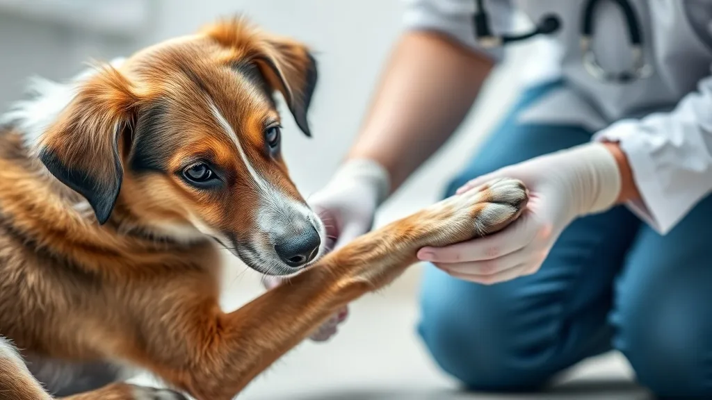 Veterinária examinando a pata dianteira de um cachorro que está mancando