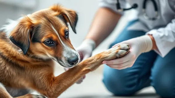Veterinária examinando a pata dianteira de um cachorro que está mancando