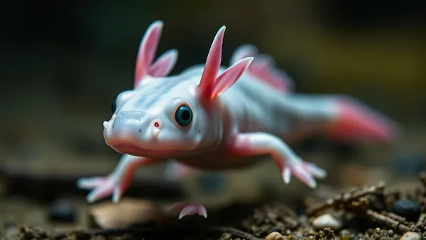 Axolote branco leucístico com brânquias vermelhas abertas em aquário de água fria com substrato fino