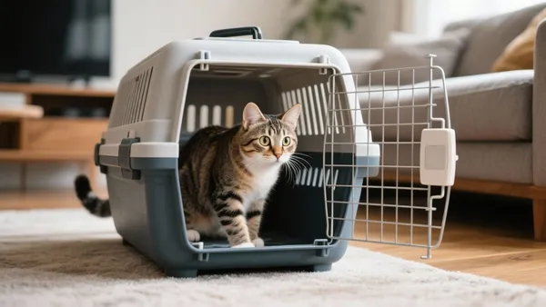 Gato curioso ao lado de uma caixa de transporte aberta no chão da sala