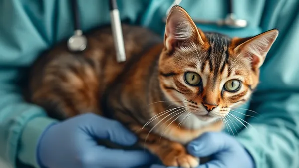 Gato adulto de pelagem cinza e branca em posição de agachamento perto da caixa de areia, sob luz natural difusa