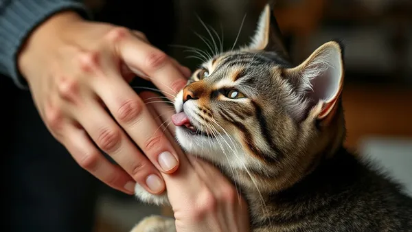 Gato lambendo a mão do tutor em ambiente doméstico iluminado, demonstrando comportamento de afeto