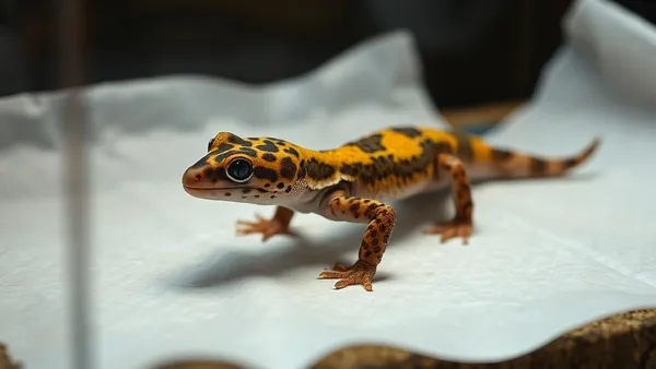 Lagarto gecko-leopardo em caixa de quarentena com substrato de papel-toalha e esconderijo simples