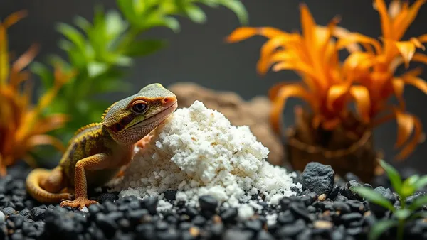 Potes de suplemento de cálcio e vitaminas em pó ao lado de grilos e minhocas em terrário de réptil